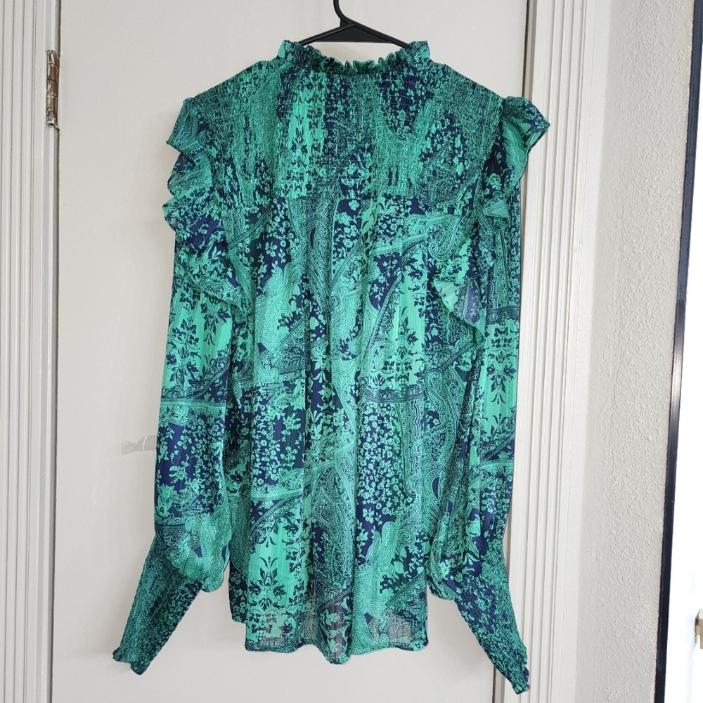 Gustin Green and Blue Patterned Ruffle Blouse